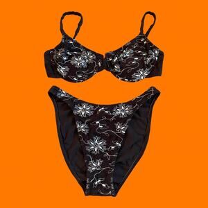 90's vintage dark brown faux suede floral hi cut high leg bikini LARGE